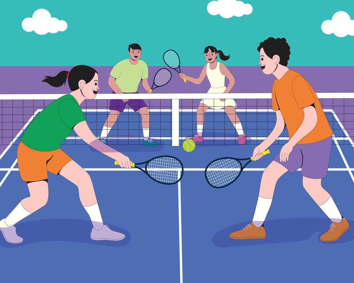 Colorful flat cartoon of four diverse players competing in a pickleball match on green court. Ideal for sporty concepts, teamwork visuals, and outdoor activity themes vector