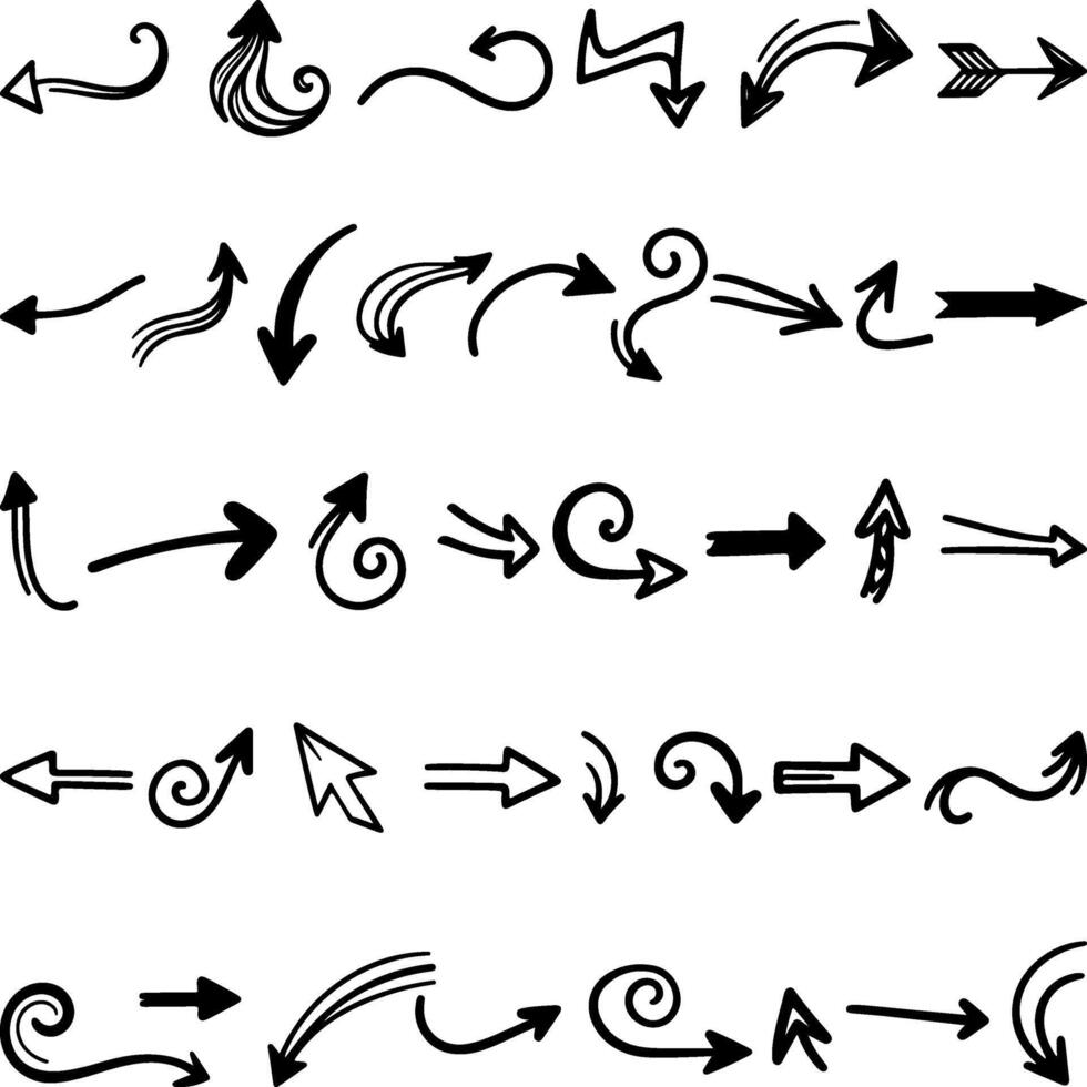 A collection of various hand-drawn arrow designs, perfect for adding a touch of whimsy and creativity to graphics, web pages, social media posts, or presentations. vector