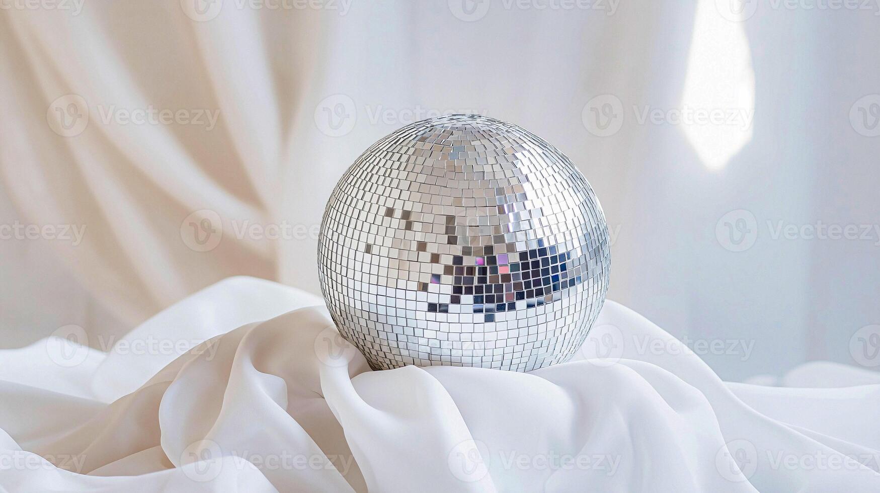 A silver disco ball sitting on a white cloth photo