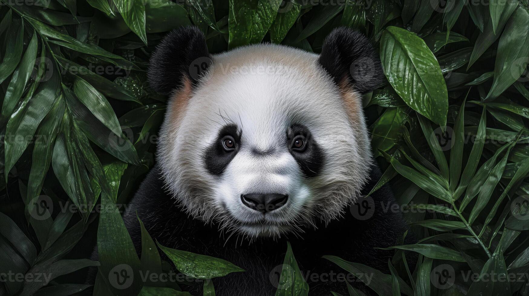 A panda bear is in the jungle with green leaves photo