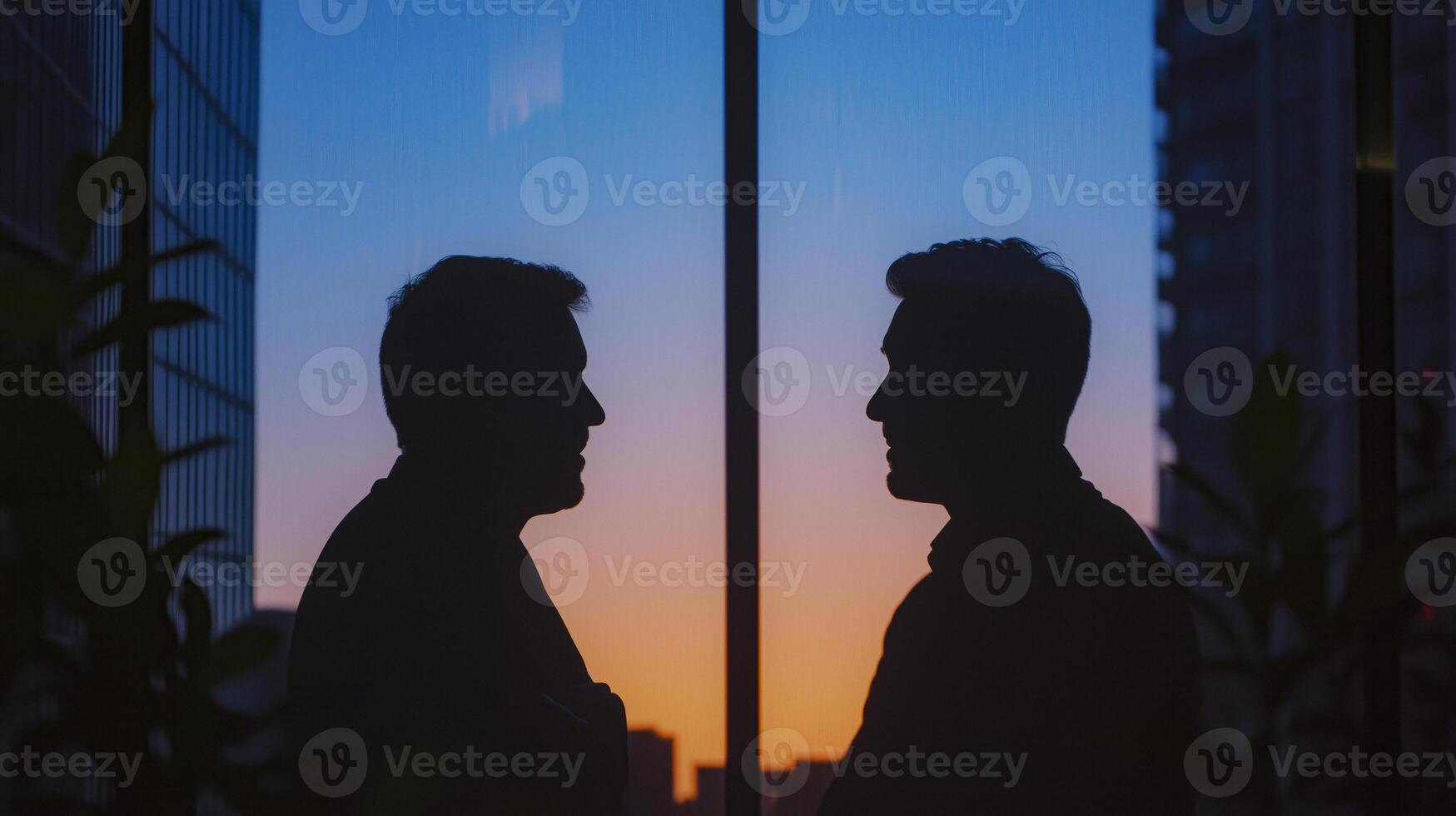 Silhouette of Two Men Talking. photo