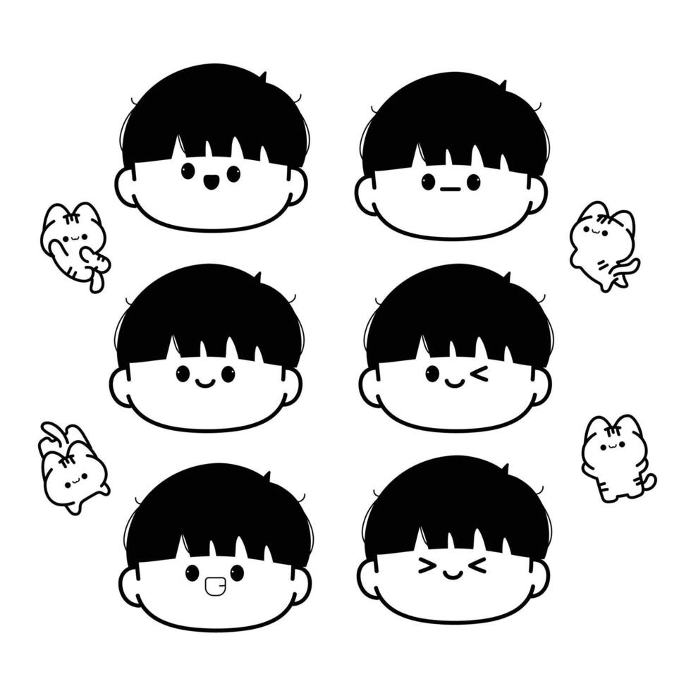 Cute boy faces with various expressions and cartoon animal characters in illustration vector