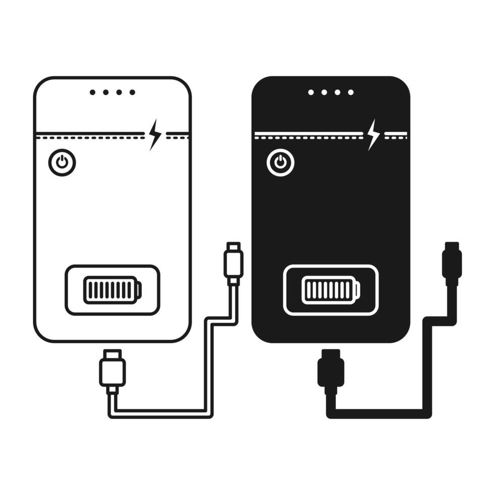 Simple Power Bank Black Flat and Outline Style. Power Bank Icon on White Background. vector