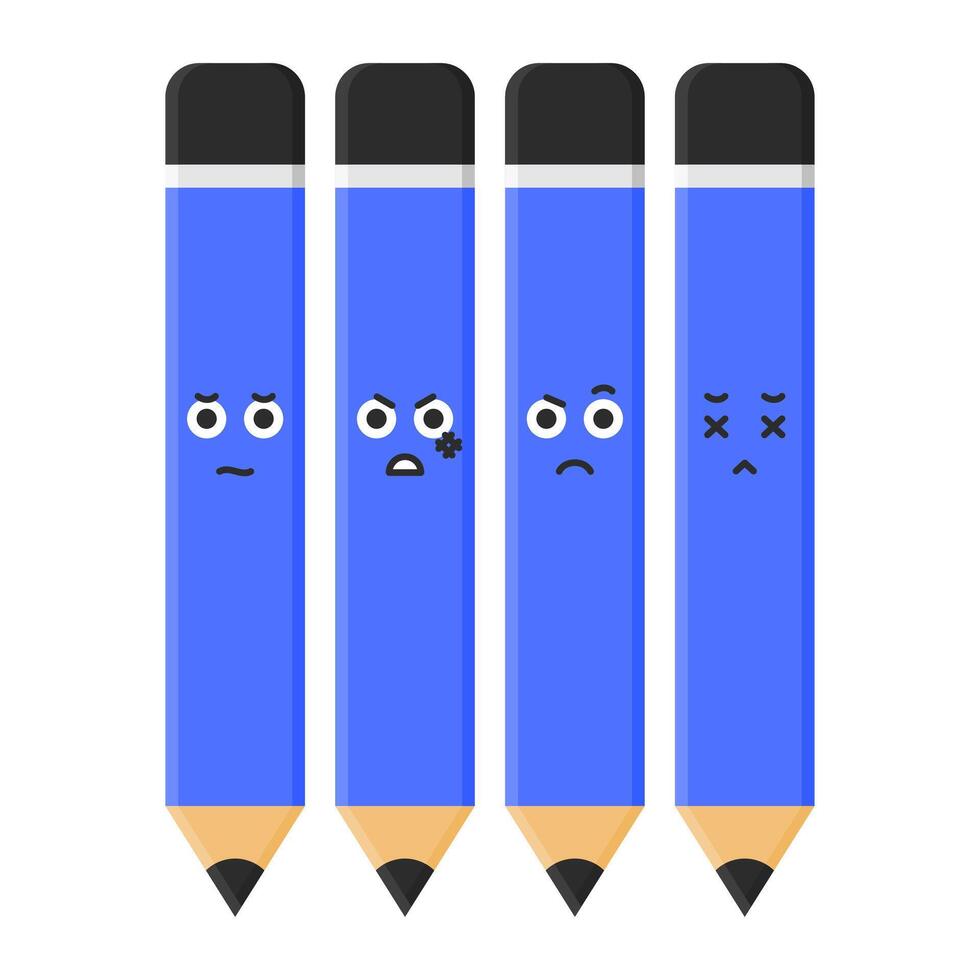 School Supplies Pencil Collection with Facial Expressions. Cute Blue Pencil on White Background. vector