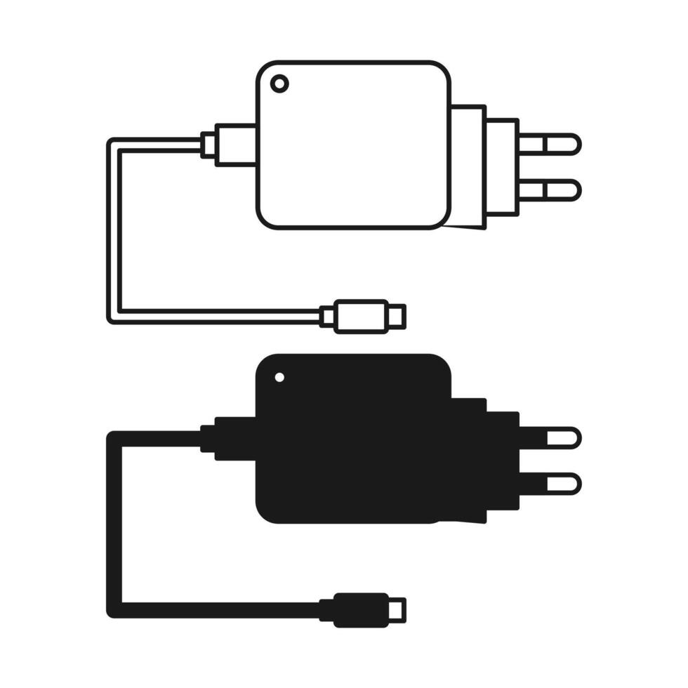 Simple Mobile Phone Charger Flat Black and Outline Style. Charger Icon on White Background. vector