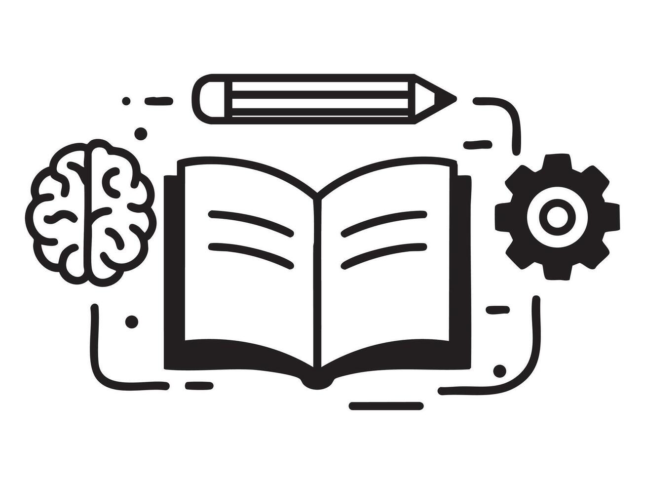 Black and white illustration of open book, pencil, brain, and gear, icon set for education, learning, knowledge, school, and study concepts, isolated on white background vector