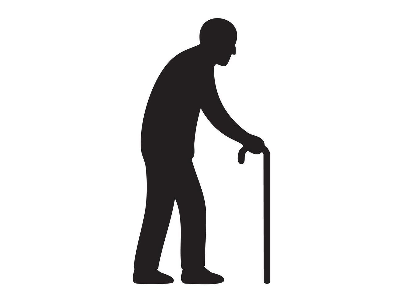 Black silhouette icon of elderly man walking with cane isolated on white background. Concept of senior adult, aging, retirement life, physical support, graphic illustration, design element vector