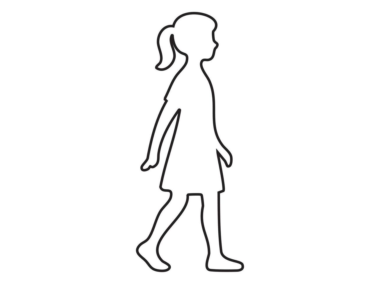 outline of girl walking in profile view, simple black silhouette on white background. Concept of child motion, educational design, pedestrian symbol, minimal art vector