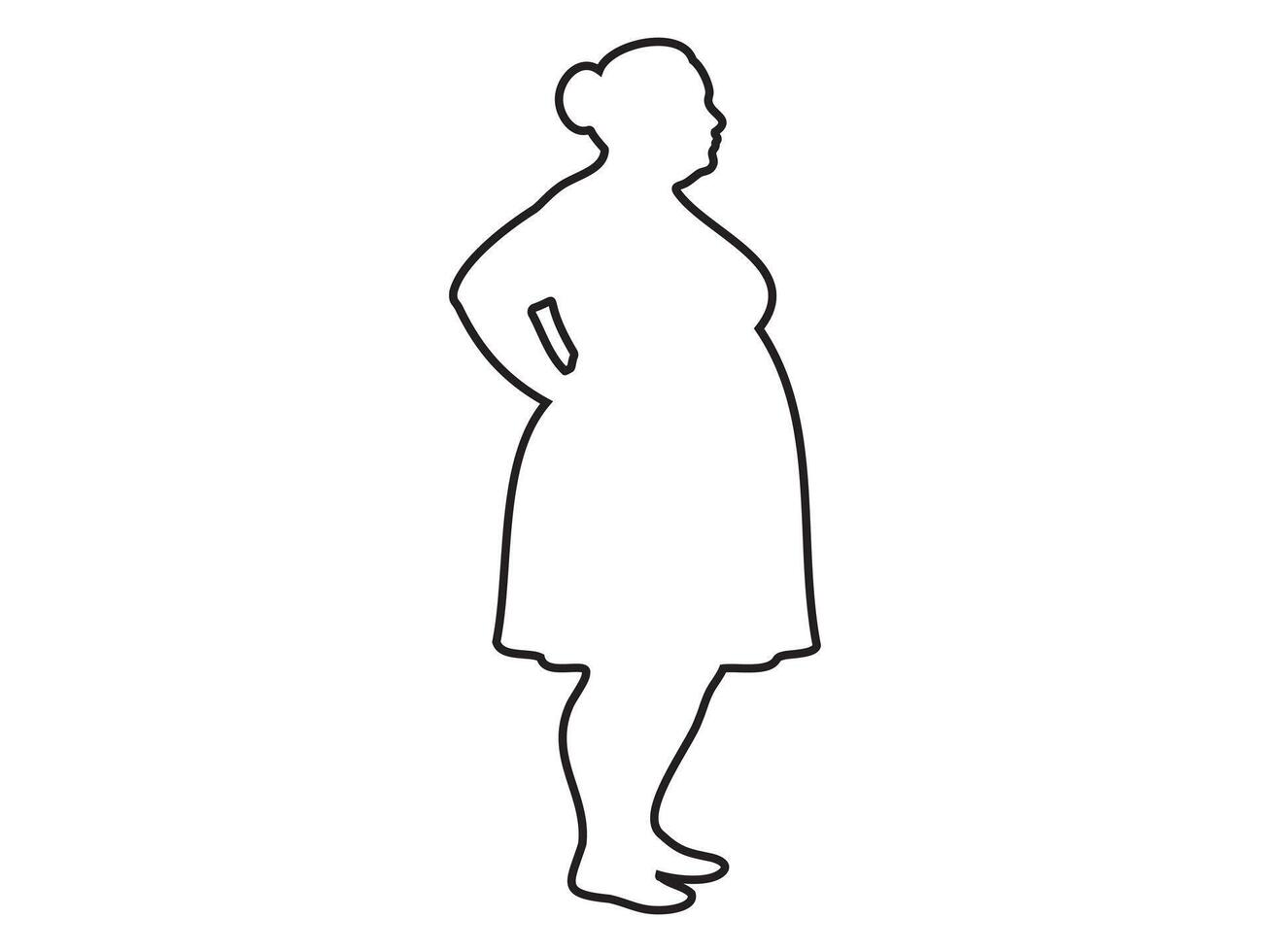 Black outline of a plus size middle aged woman with hands on hips, isolated on white background, illustration. concept of icon, silhouette, female human figure, graphic design element vector