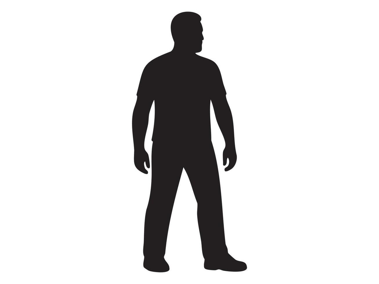Black silhouette icon of standing adult man in full strength isolated on white background. Concept of young adult man, physical health, mature masculinity, illustration, male figure, design element vector