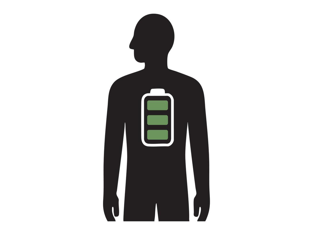 Silhouette of healthy man with full green battery icon on chest isolated on white background. Concept of energy balance, wellness, vitality, physical health, power and motivation vector