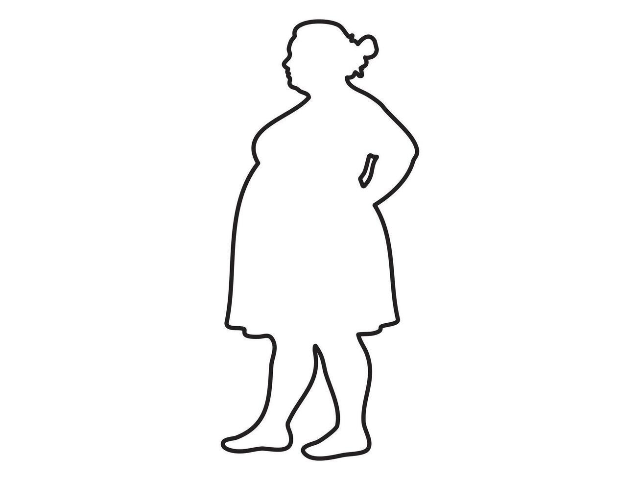 Black outline of a plus size middle aged woman standing in side pose, isolated on white background, illustration. concept of female silhouette, icon, graphic design, sketch, artistic element vector