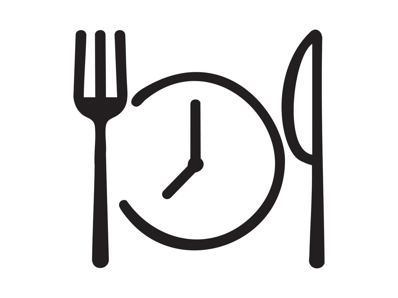 Black outline of clock with fork and knife as cutlery on white background, graphic illustration. concept of dining, mealtime, food schedule, icon, logo, design element vector