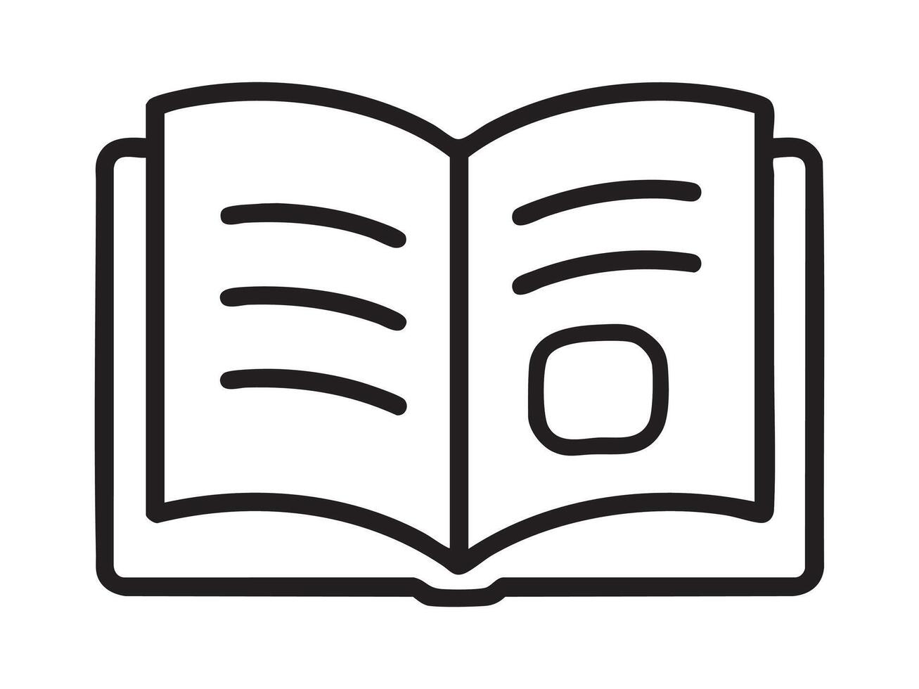Black outline of an open book with visible text and symbol on white background, graphic illustration. concept of reading, literature, education, icon, design element vector