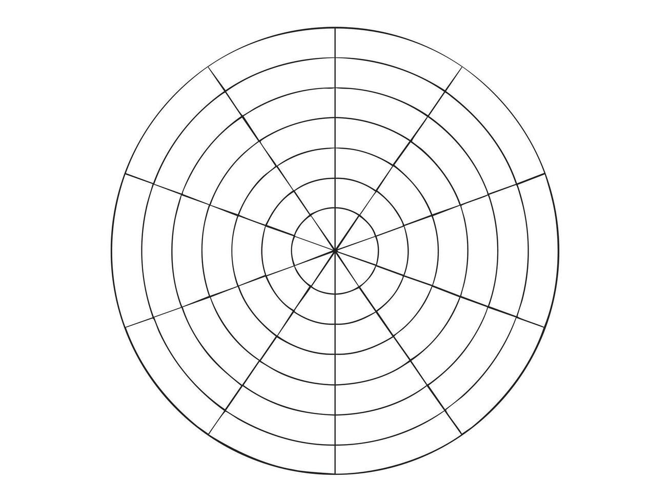 Black outline radar chart template with concentric circles and radial lines on white background. data visualization, target diagram, analysis grid, circular chart layout, Circular bullseye target vector