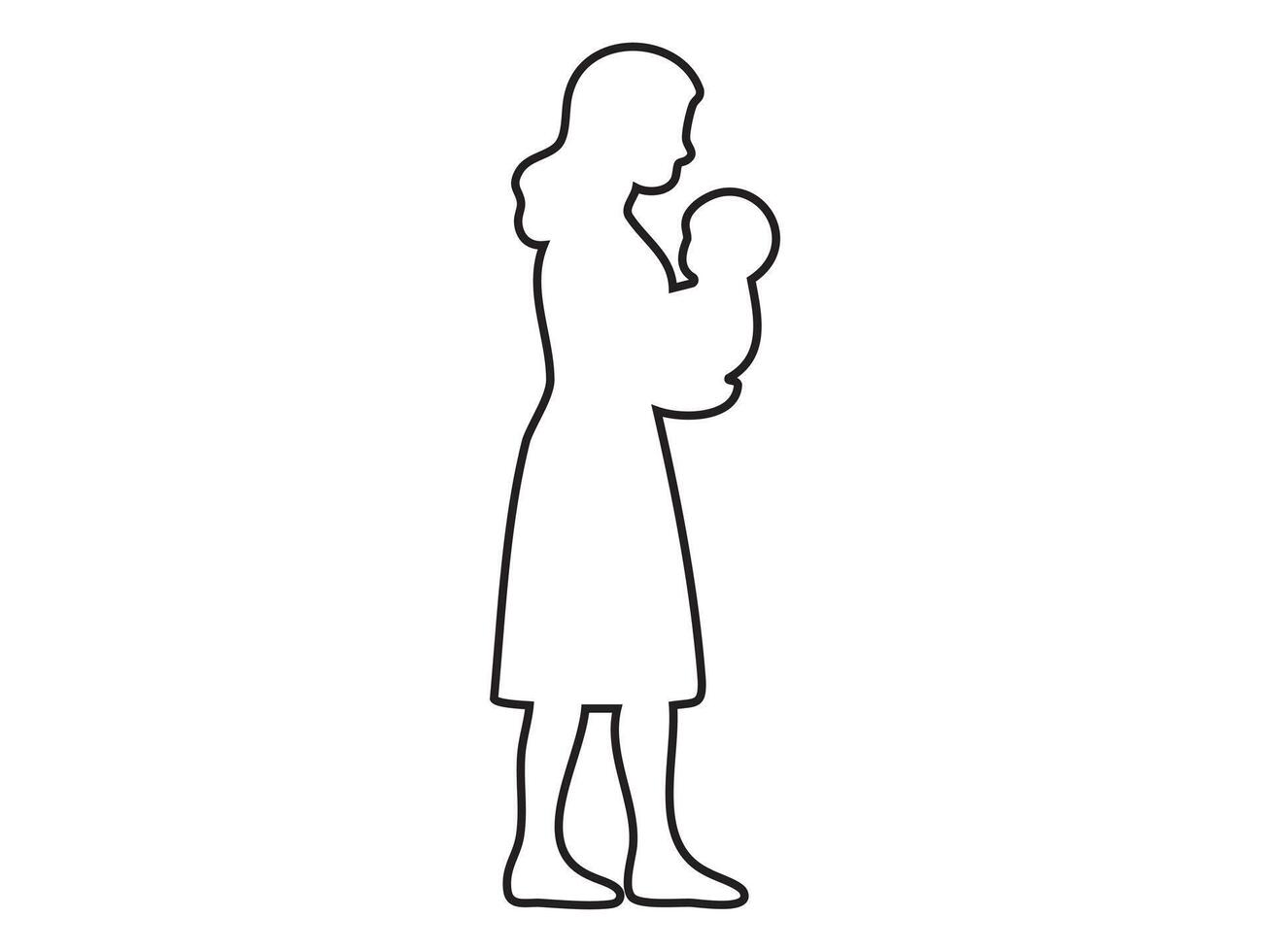 Black outline of woman holding baby, isolated on white background, illustration. concept of motherhood, maternity, parenthood, icon, logo, family bond, graphic design element, mother and child vector