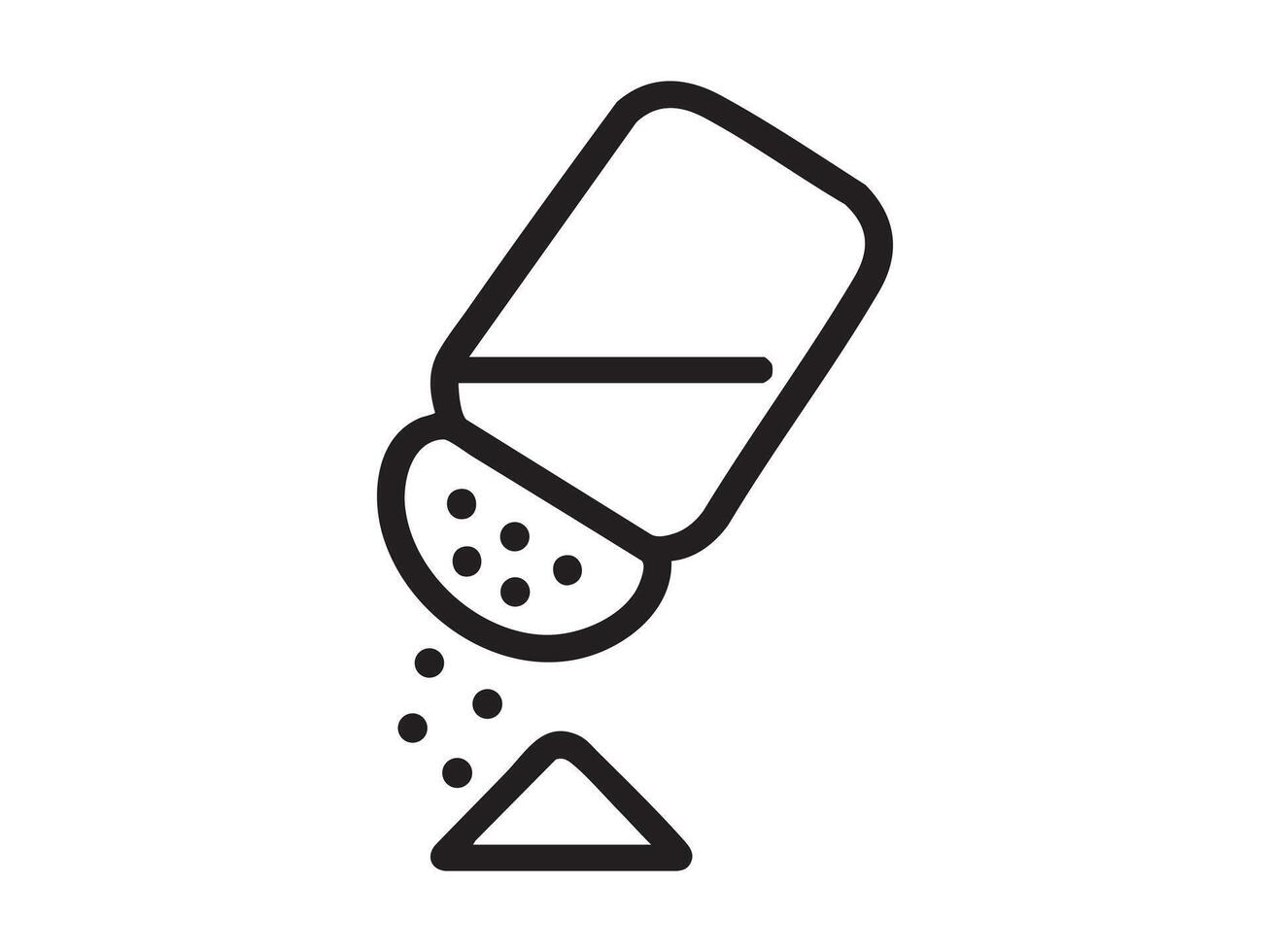 Black outline icon of salt shaker with falling granules isolated on white background. Concept of seasoning, kitchen utensil, cooking ingredient, food preparation symbol, icon, logo, design element. vector
