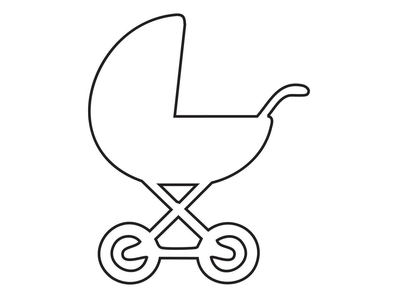 Black outline of baby carriage stroller isolated on white background, illustration. concept of infant transport, pram icon, nursery theme, design element for child care vector