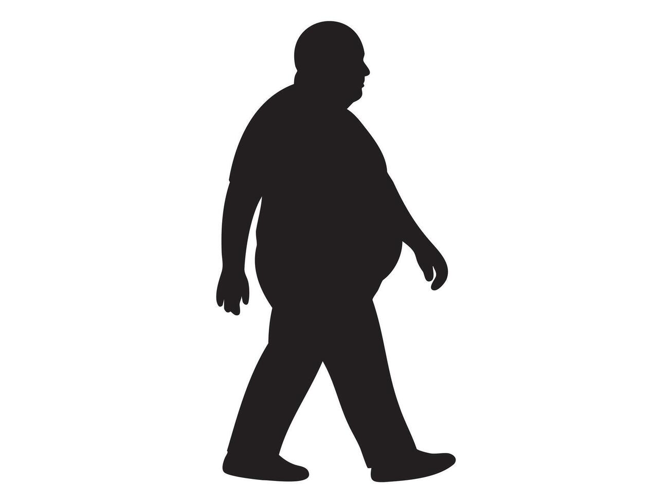 Black silhouette icon of overweight middle aged man walking isolated on white background. Concept of aging, mature adult male, body diversity, human figure, design element, minimalist style, motion vector