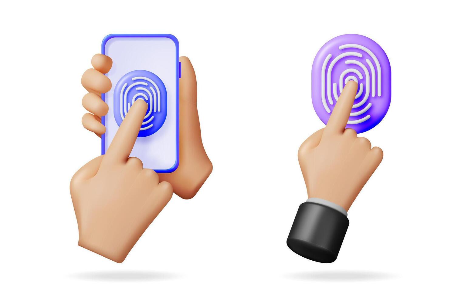 Hand holding a smartphone with a fingerprint icon, and a separate hand activating a fingerprint sensor. Digital security, access, and biometric authentication system. vector