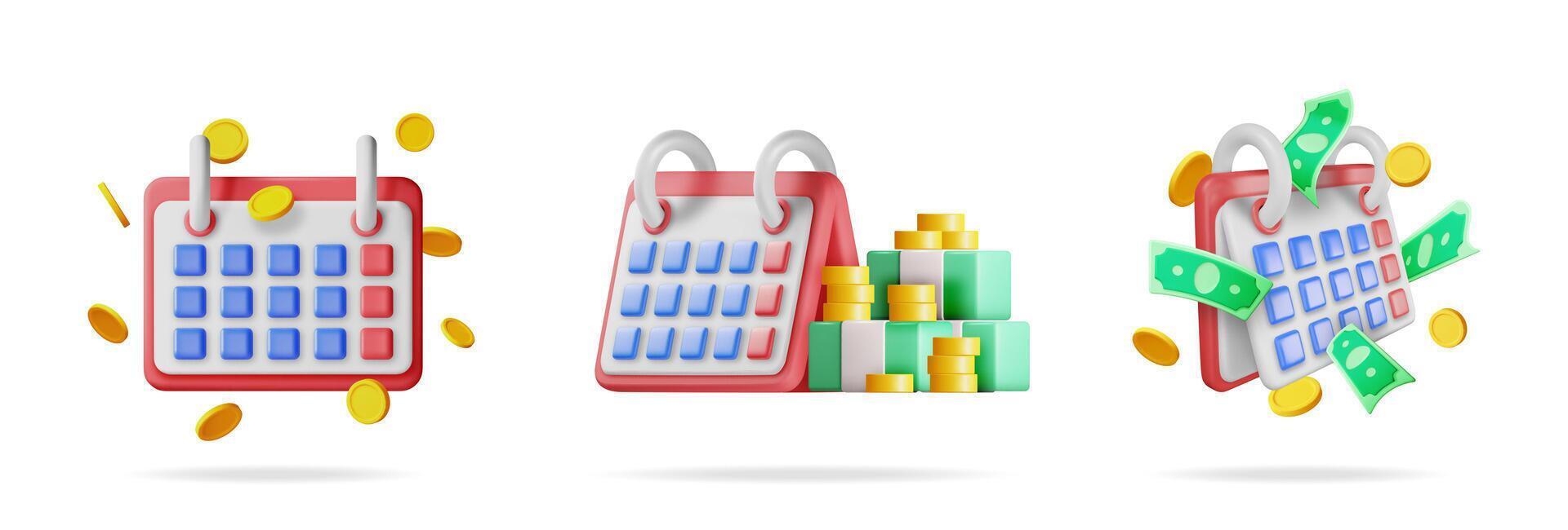 Calendar with coins and money bills, a 3d collection for financial planning, loan payment and time management concept. vector