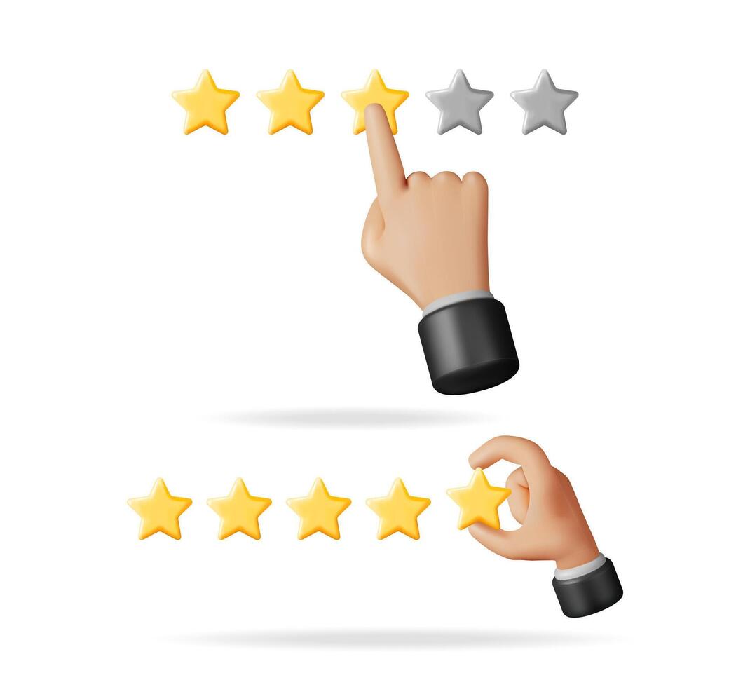 Hand giving a three star rating and a hand putting a star to complete a five star rating. Customer review and satisfaction concept. vector