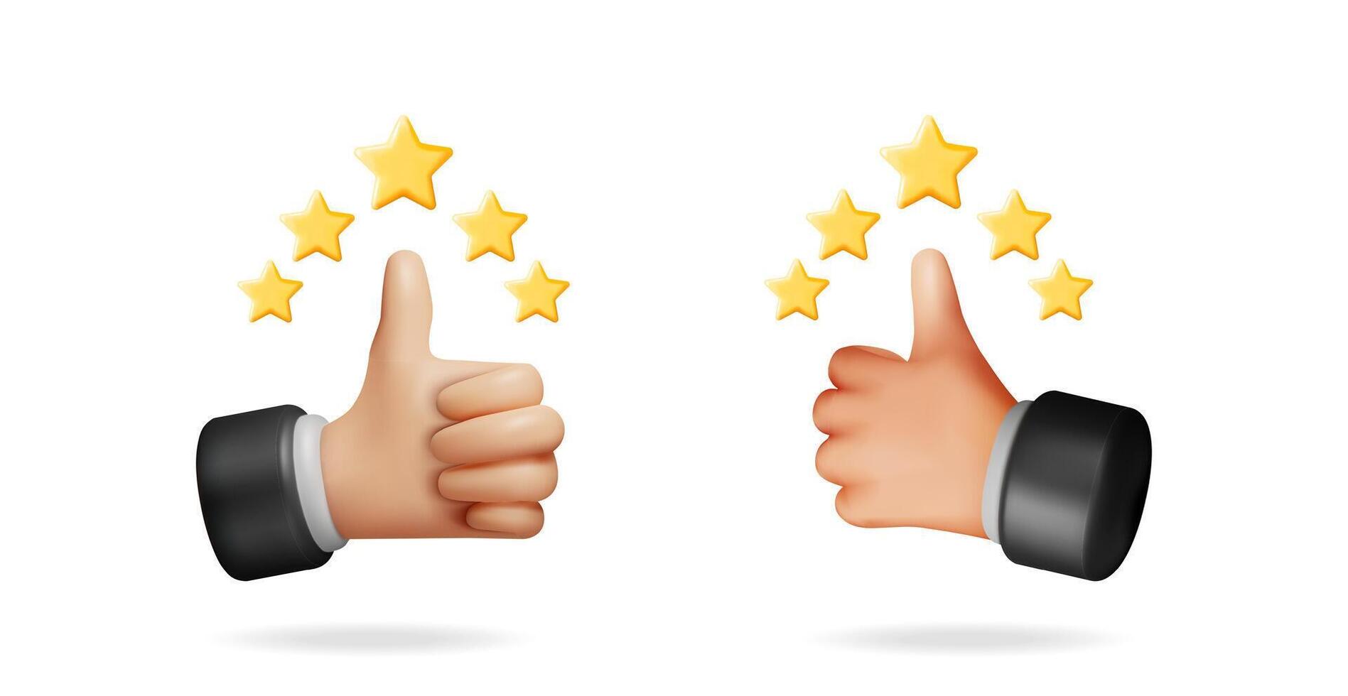 3d cartoon hands giving thumbs up with five golden stars. Best rating and quality assessment concept for product review. vector