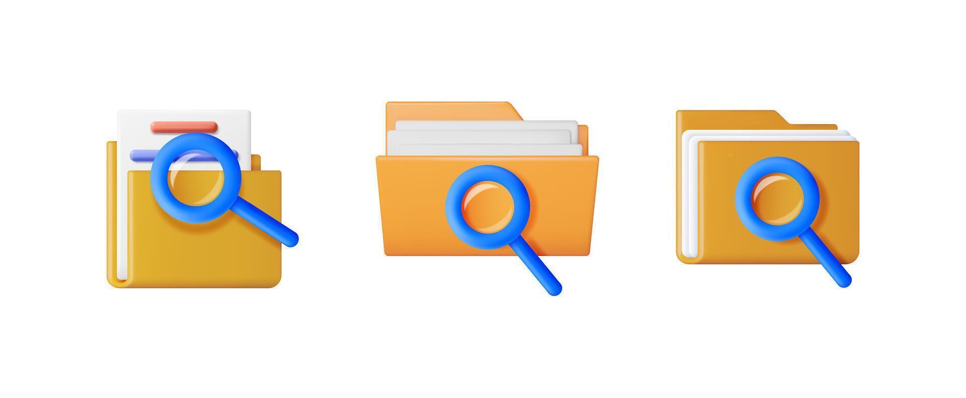 Three yellow folders with blue magnifying glass icon for document search. File management and data organization concept. vector