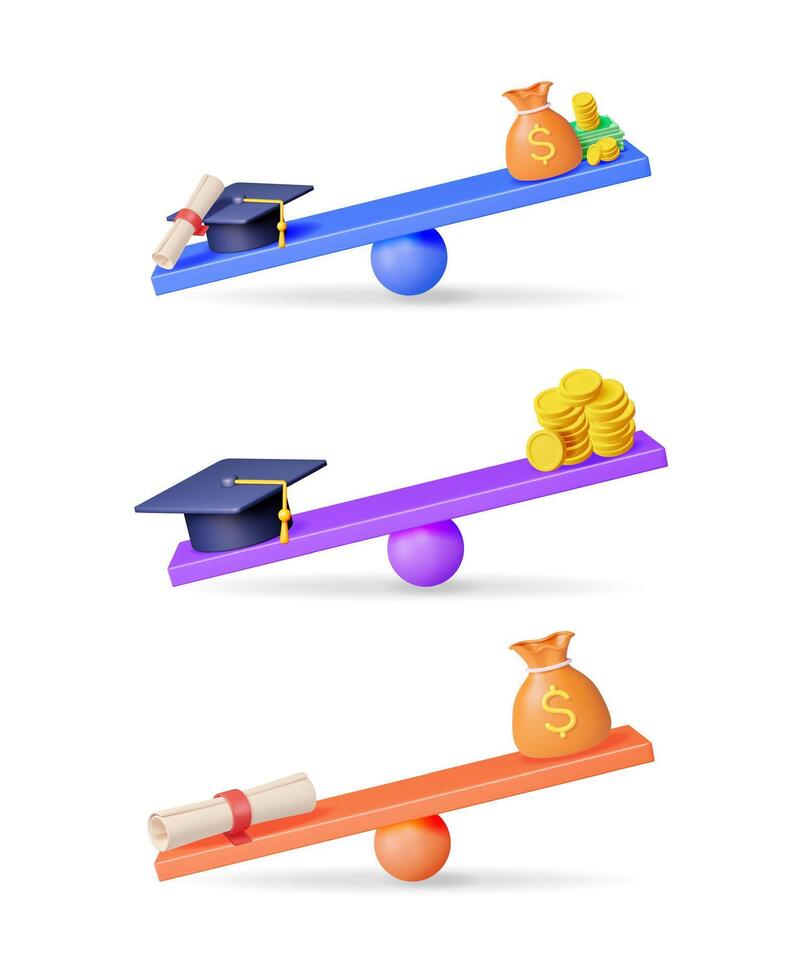 3d set showing balance between education and money. Graduation hat and diploma on scales with various money amounts. vector
