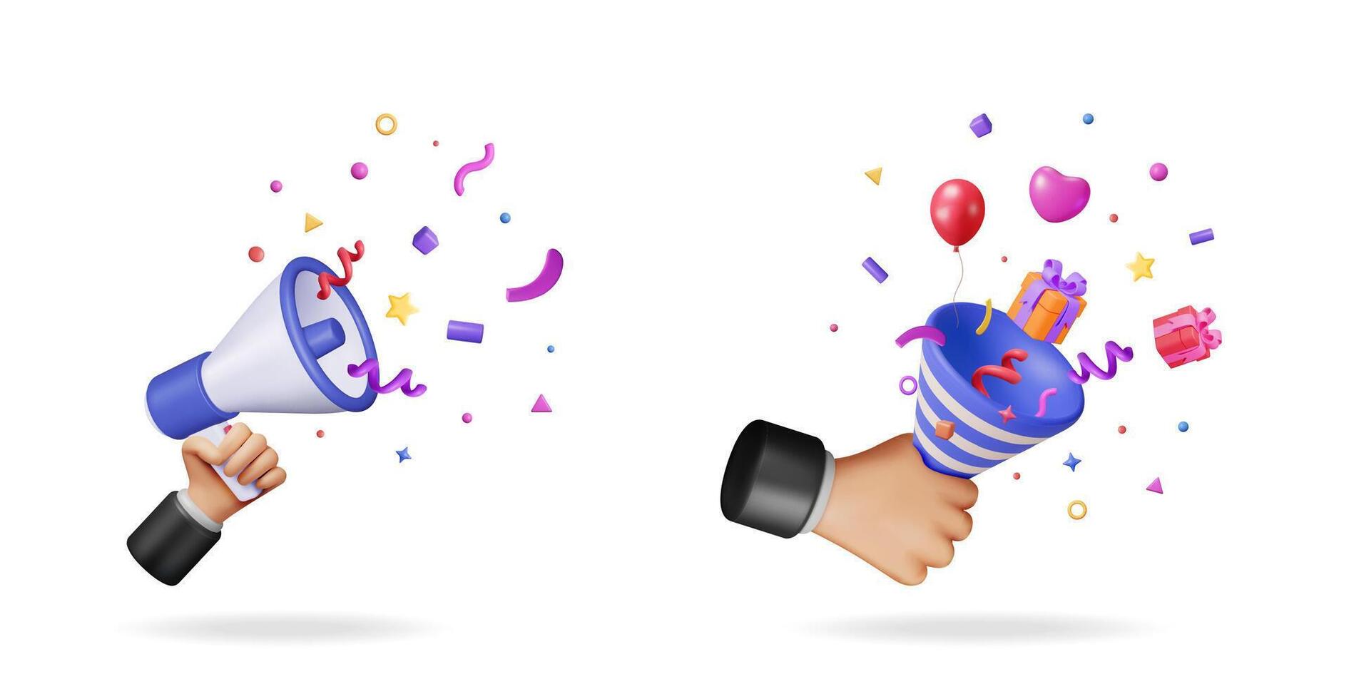 Hand holding a megaphone with confetti and another hand holding a party popper with gifts and balloon, for celebration and announcement. vector