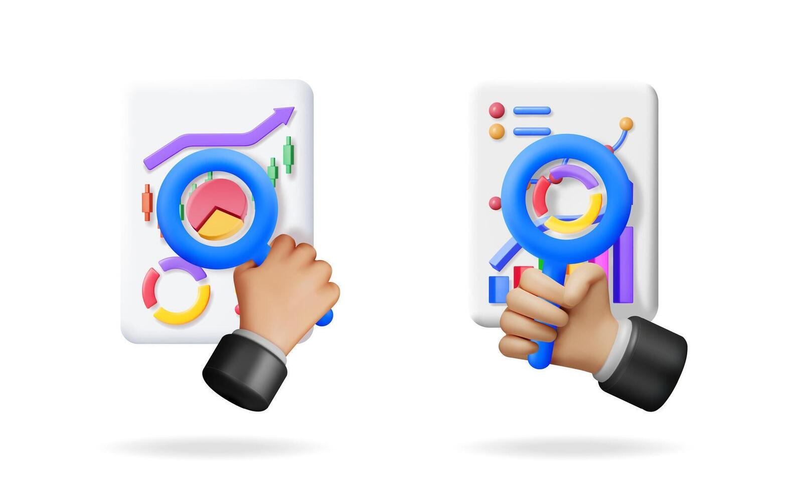 Man hand holding magnifying glass examining financial charts. Business analysis and data research concept. Stock market investment and growth illustration. vector