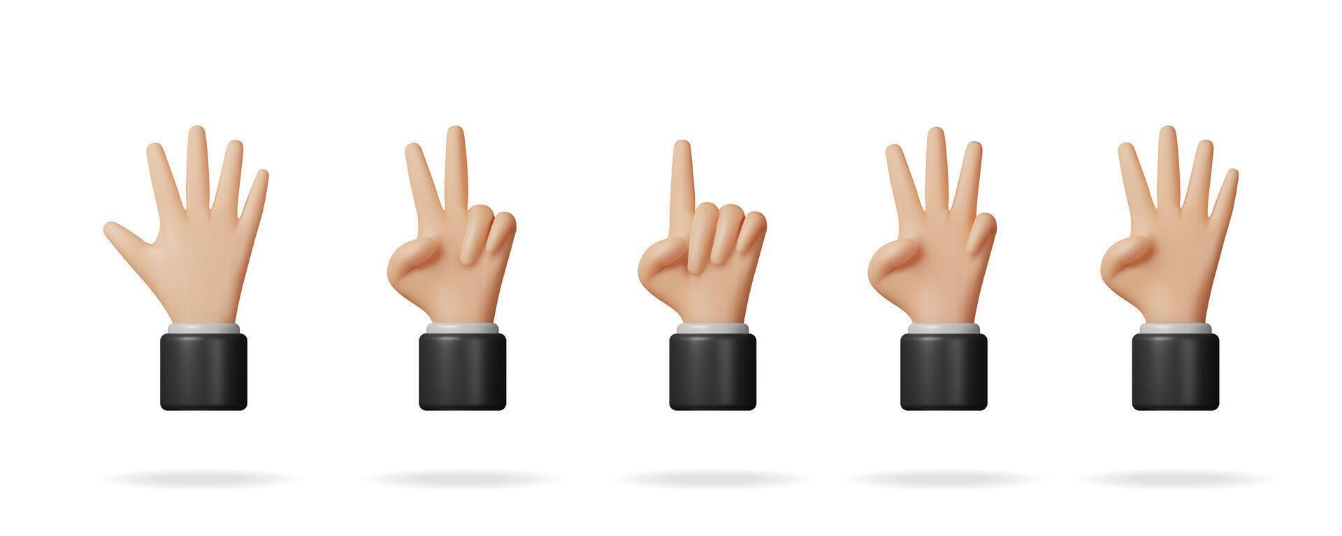 Hand gestures for counting from one to five. Set of cartoon human hands showing numbers. Numeric sign for communication. vector