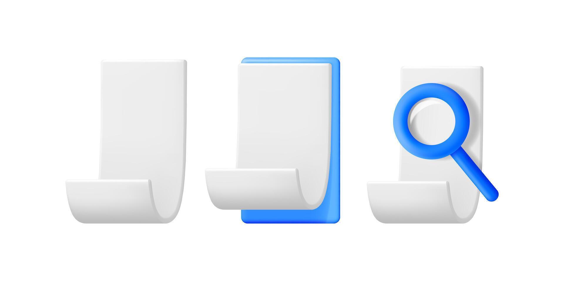 A set of three 3d style blank white document icons with a blue border and magnifying glass on a white background. vector