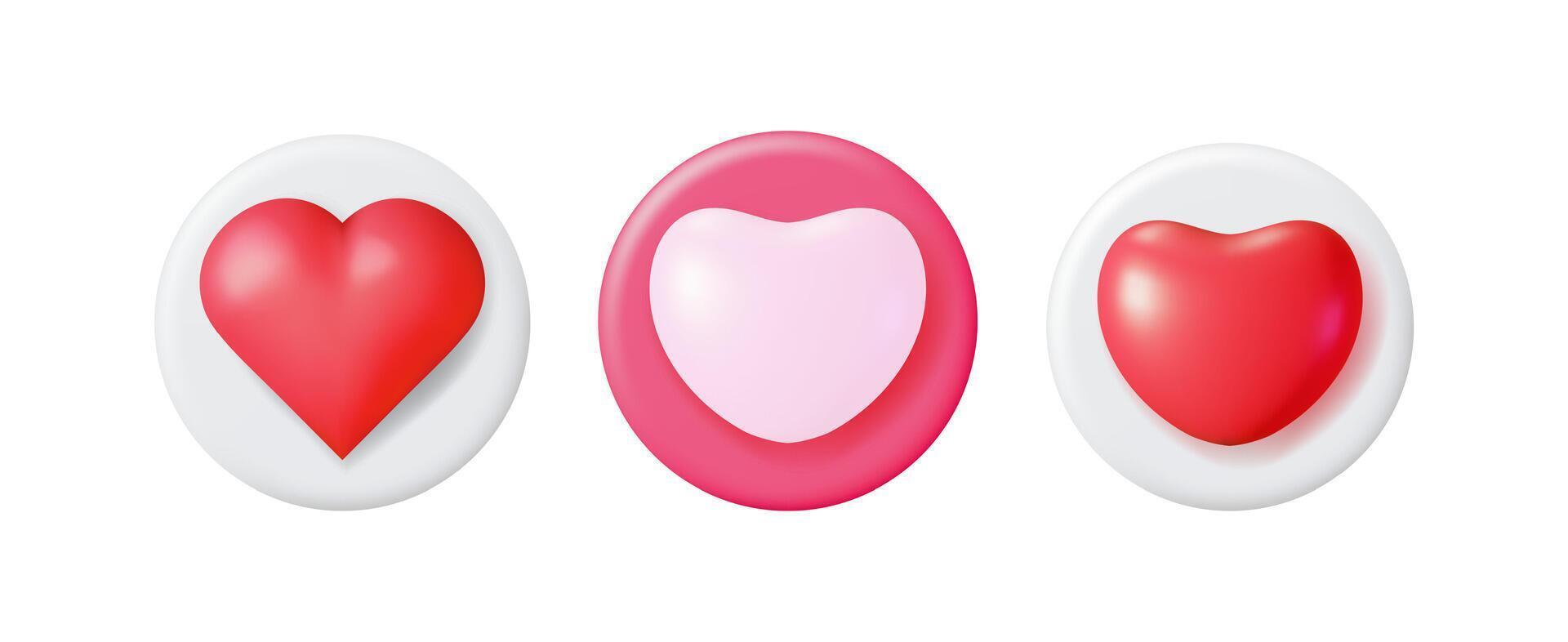 Red and pink 3d heart icon set for like, love and appreciation on social media. Modern button for online dating and Valentines Day graphic. vector