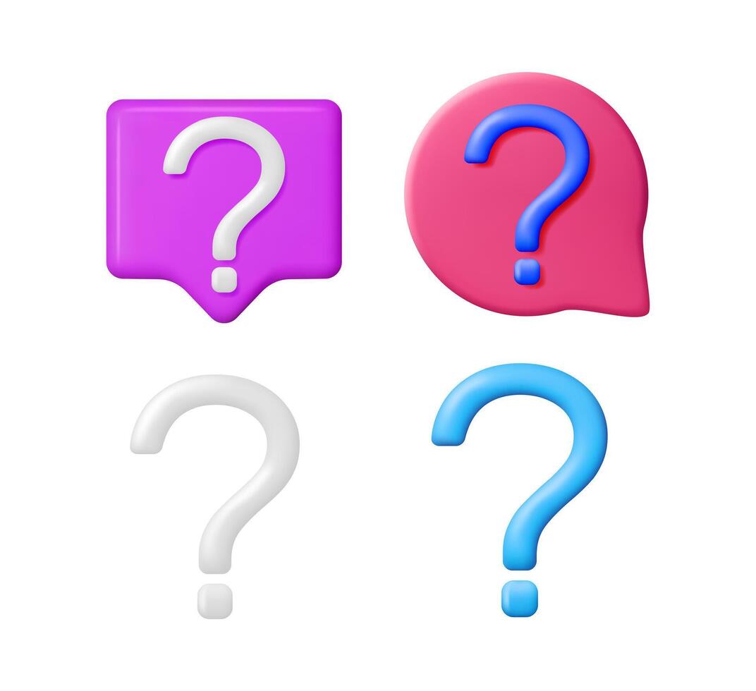 Purple and pink 3d speech bubble with question mark. Blue, white question mark symbol. FAQ, assistance, help and support concept. vector