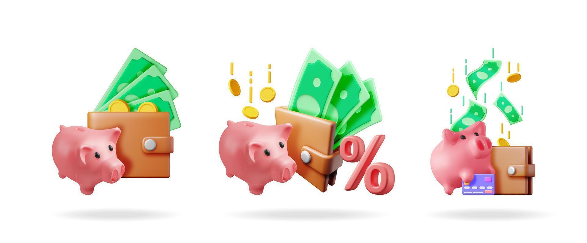 Three 3d piggy bank concepts with wallets and money, for financial savings and investment growth. vector