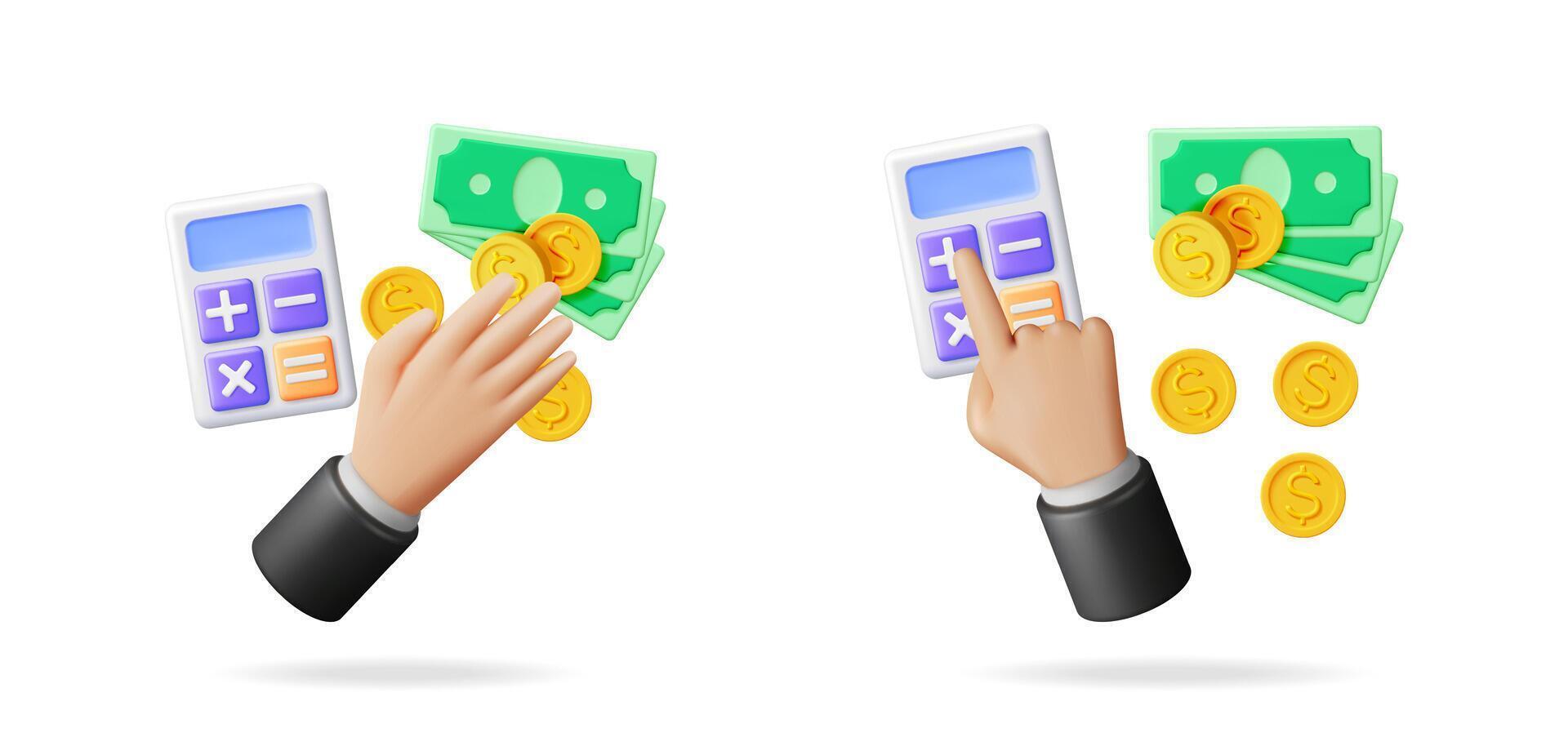 Man hand counting money with calculator. Financial planning concept for savings and budget management. Accounting and investment analysis. vector