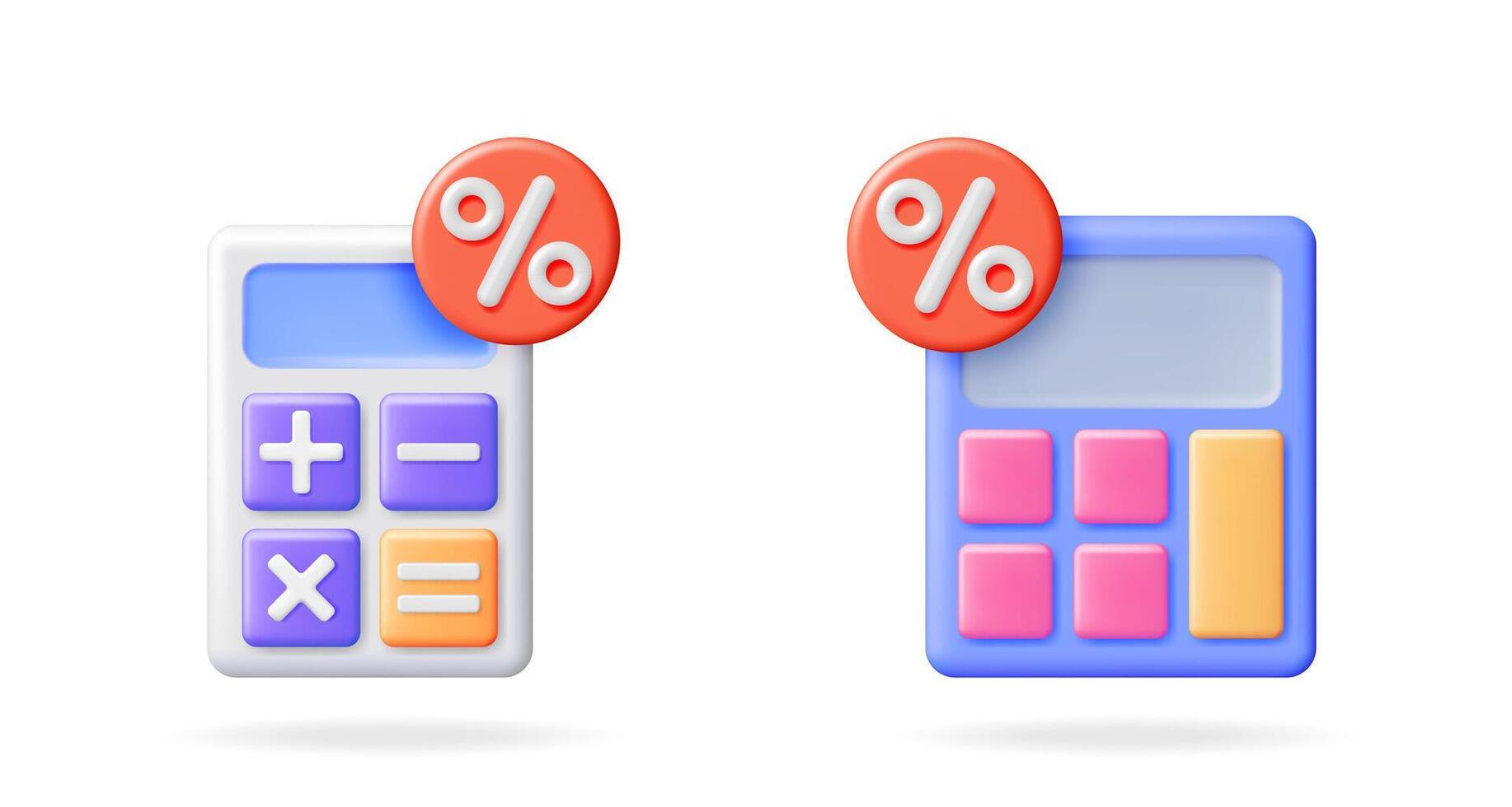 Two 3d calculator icon with percentage sign and mathematical operations. Concept for financial calculation, sale discount or loan rate. vector