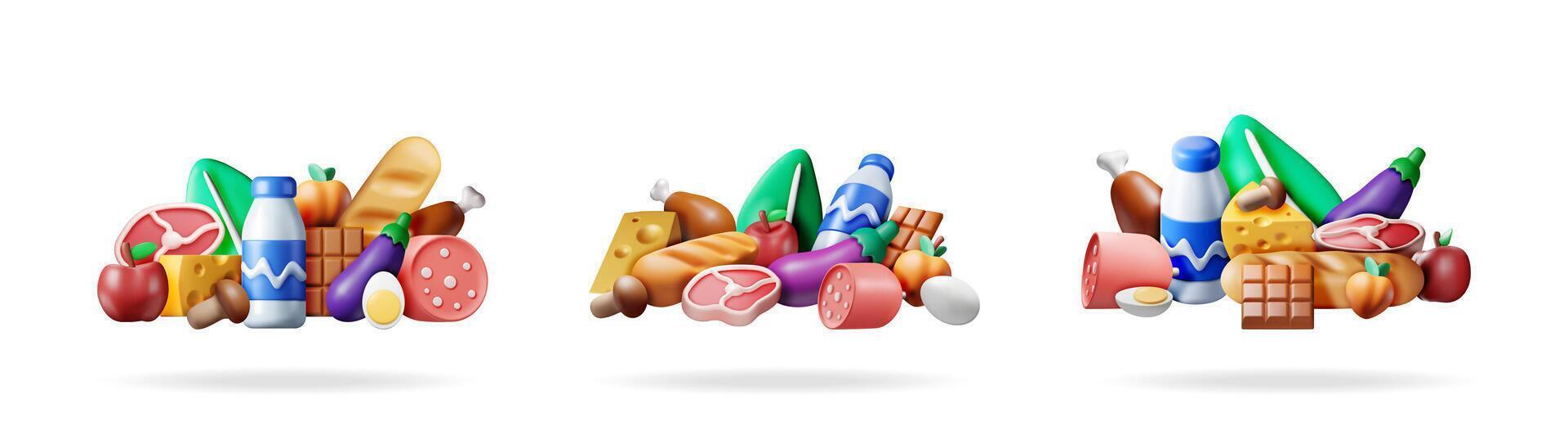 Three instances of a 3d grocery set with various food items. Collection of supermarket products for food delivery concept, shopping, and market illustration. vector