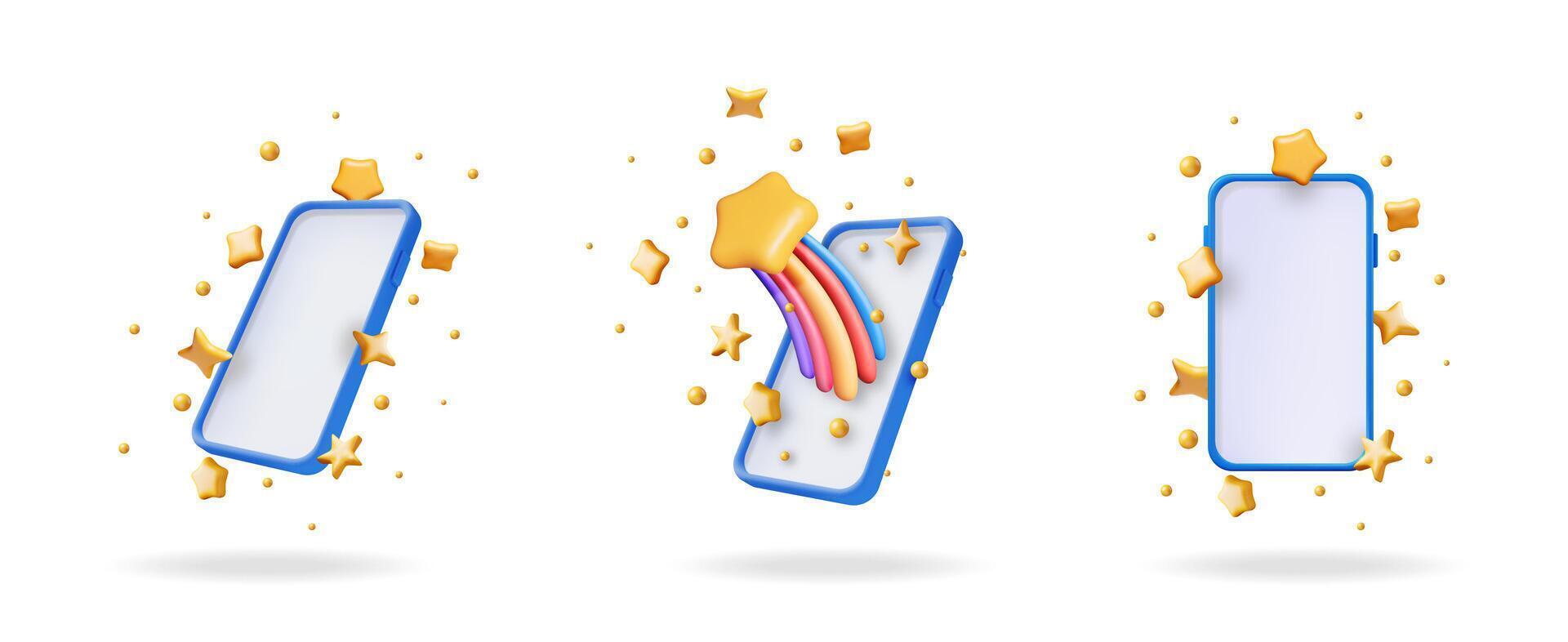 3d set collection of smartphone with golden stars and rainbow streak. Concept of online review, success, ranking, good service, and mobile app rating. vector