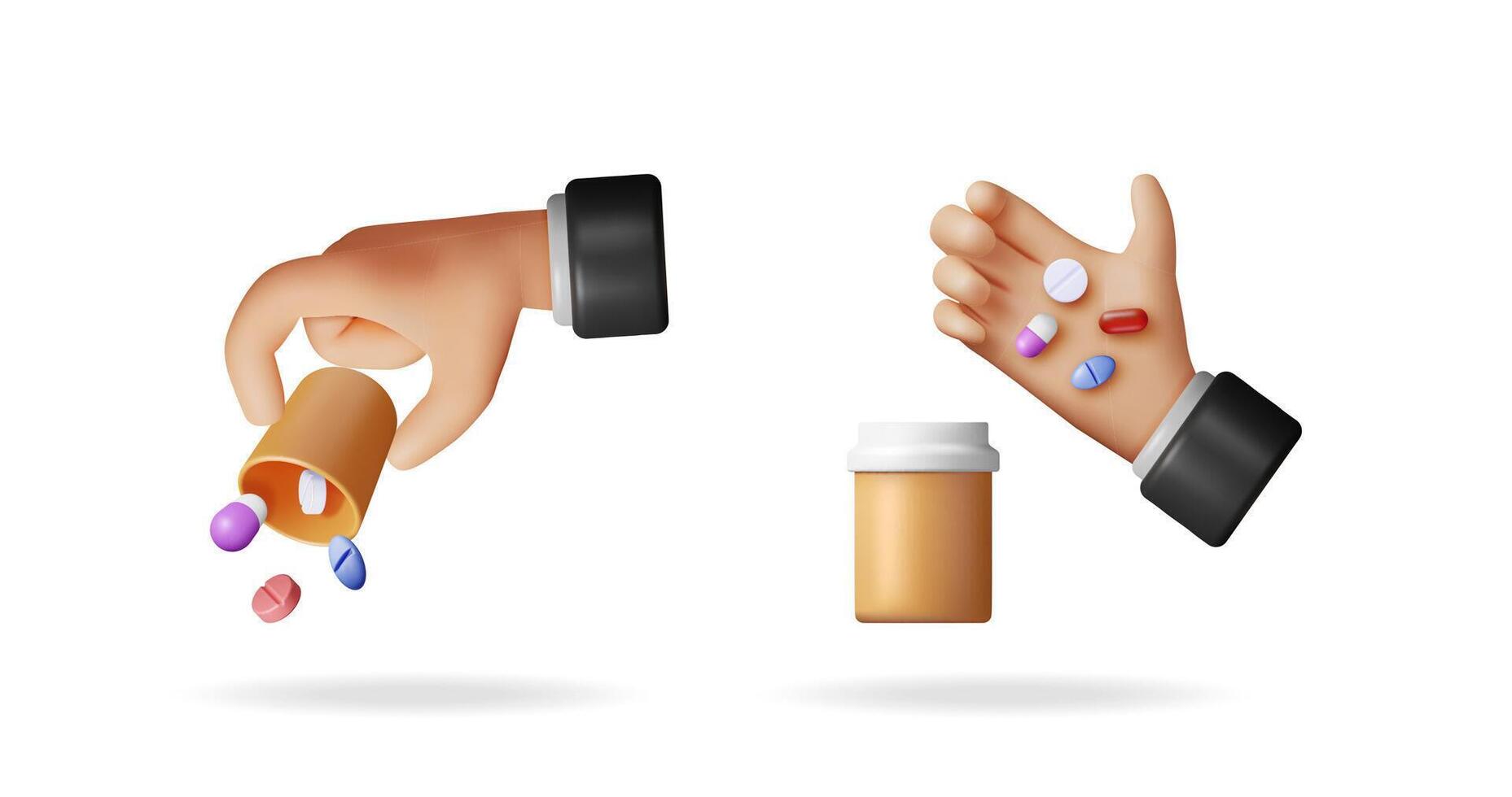 Hand pouring medication from bottle into another hand with pills on it. Drug dosage and prescription concept. 3d stock illustration set collection. vector