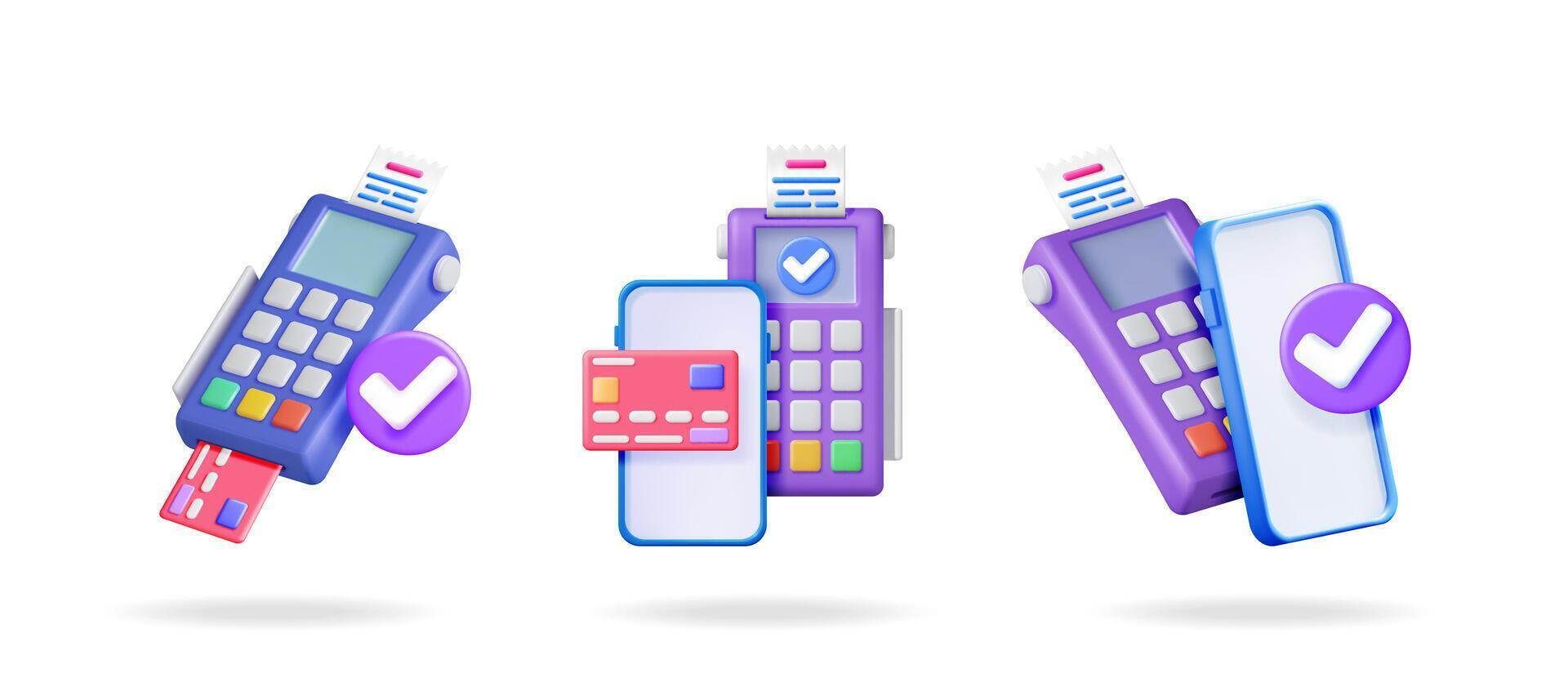 Payment terminal with credit card and smartphone. Pos terminal with valid check mark. Online paying concept. 3d illustration collection set. vector