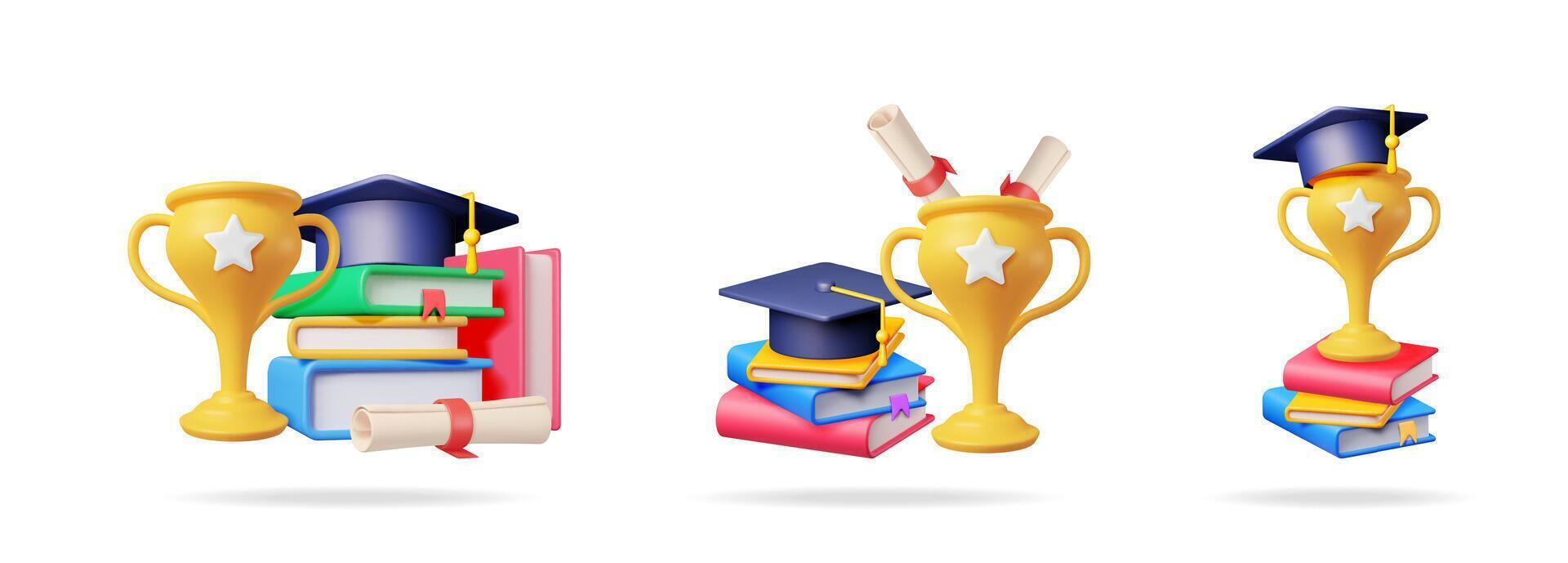 3d set collection with golden trophy, stacked books, graduation cap and diploma scroll. Education, academic achievement concept. vector