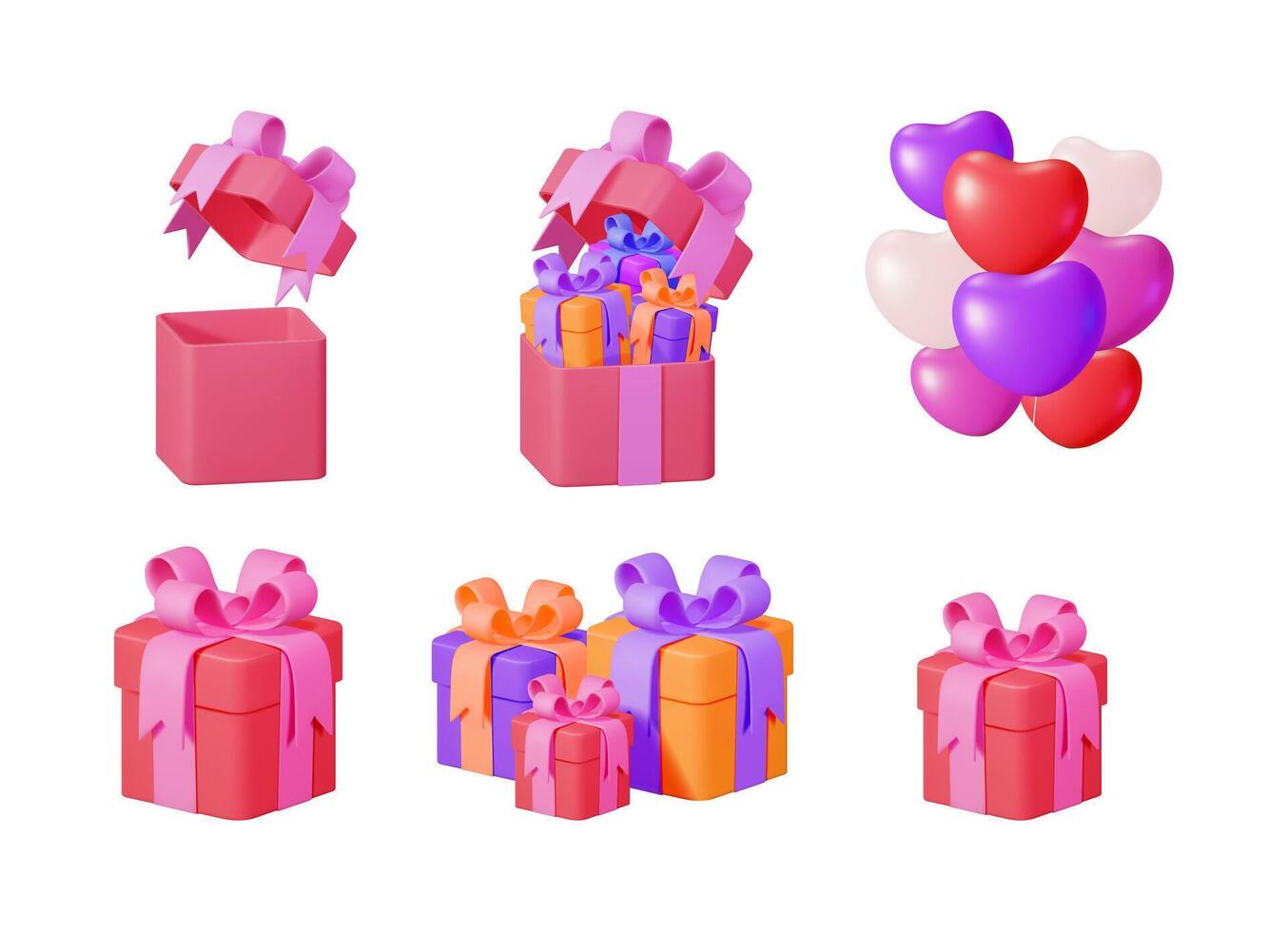 Collection of 3d gift box, present with ribbon bow, and heart balloon set. Celebration design element for holiday concept. vector