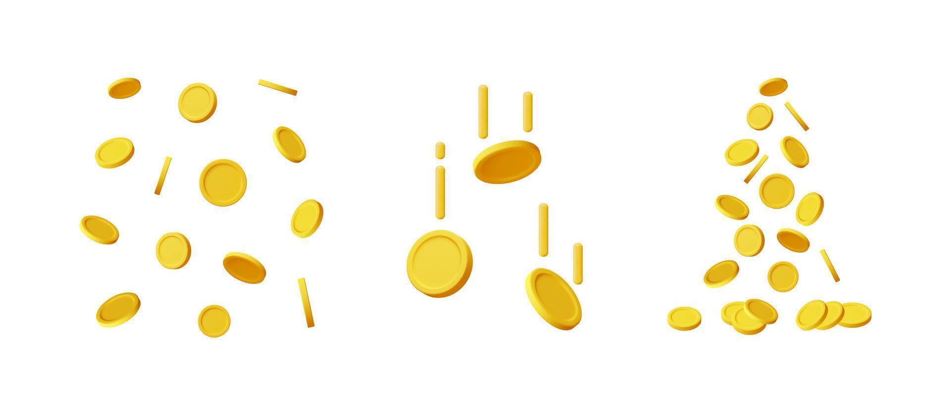 Falling gold coins set in three different poses with varying distribution for financial concepts. 3d illustration. vector
