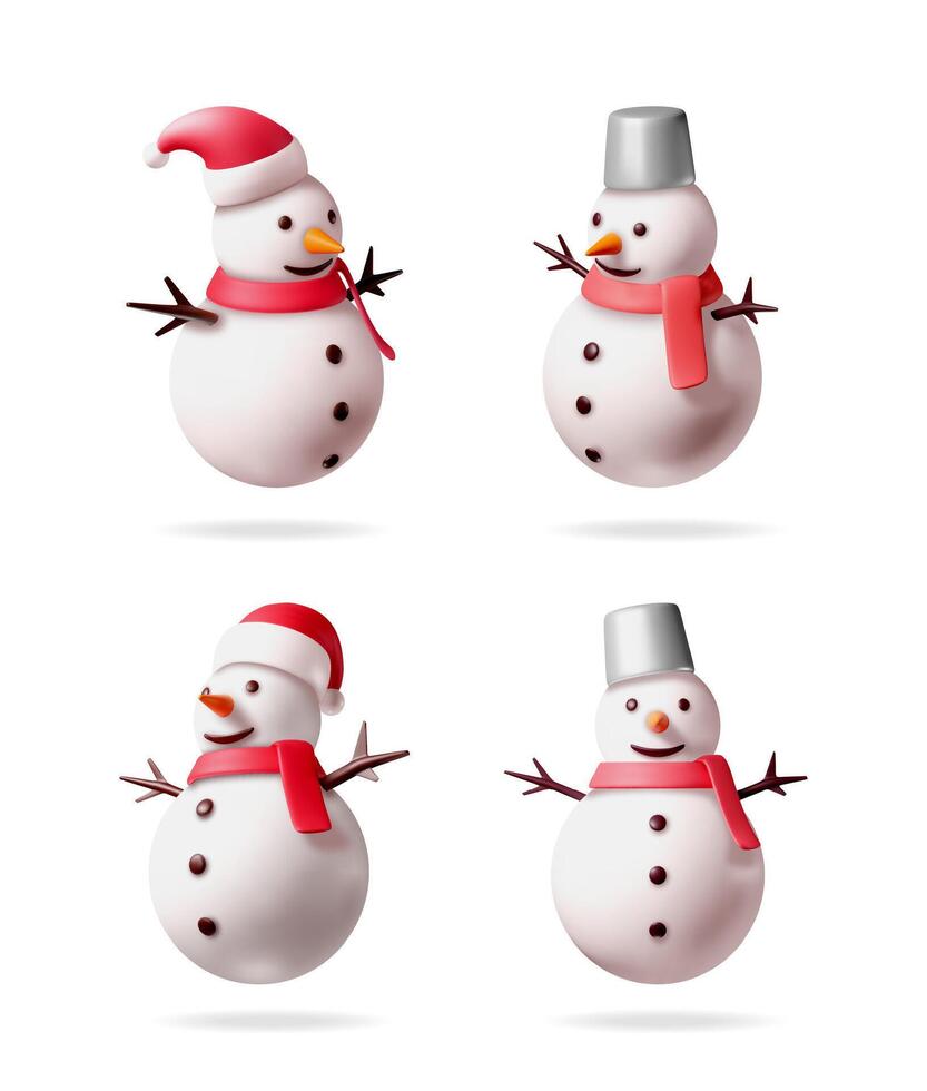 Four cute 3D snowmen with red scarf and hat or bucket on head. Christmas and New Year holiday symbols. Winter season character design. vector