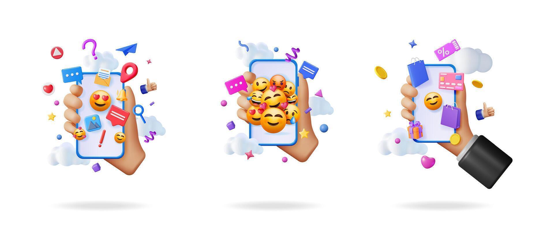 Hands holding phone with social media icons, emojis and shopping symbols. Digital communication, online community, and mobile commerce concept artwork. vector