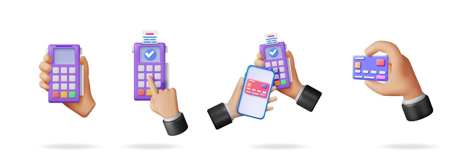 Hands holding payment terminal, credit card, and smartphone for financial transaction. Online shopping and point of sale concept. vector