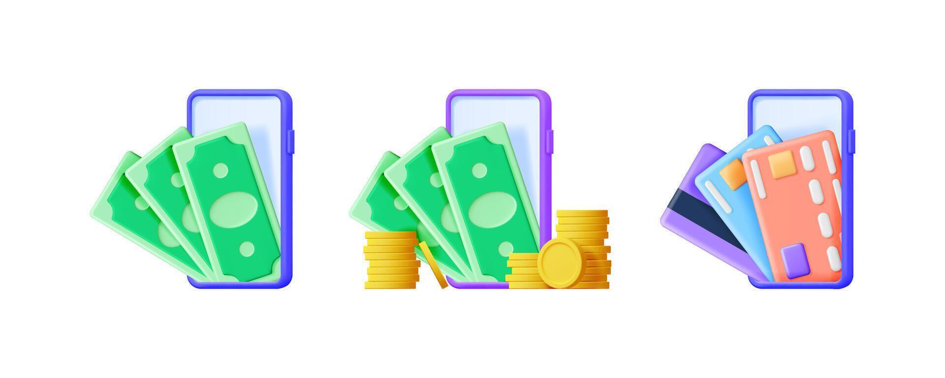 Three 3D smartphone concepts showing money, coins and credit cards. Digital finance and online payment illustration. vector