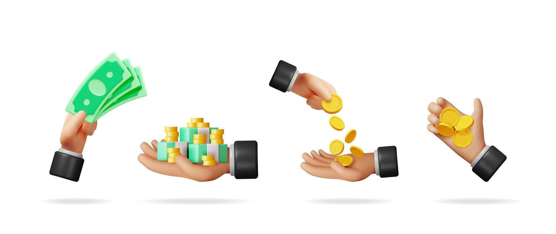 Hand holding money and coins. Collection of 3d human hands with cash and gold coins. Investment, income, donation concept. Bank, cash back. vector